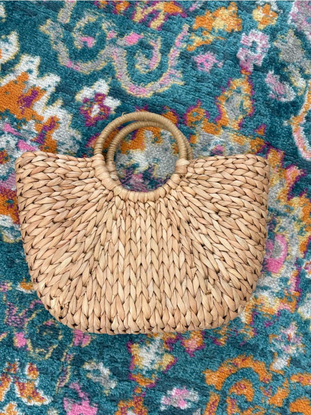 Natural Straw Woven Half-Moon Handbag with Round Handles